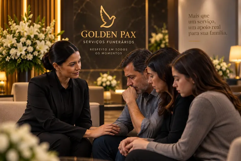 Consultora da Golden Pax Rio acolhendo uma família enlutada — mais que um serviço, um apoio real
